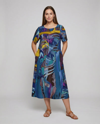 Damen nan kunstvoll bedrucktes Midikleid mit oversized A-Linien, Rundhalsausschnitt und fließender Fallsilhouette EB