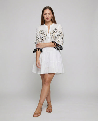 Damen nan kurz geschnittenes Tunika-Kleid mit orientalischer Stickerei, Glockenärmeln und Quastenbesatz EB