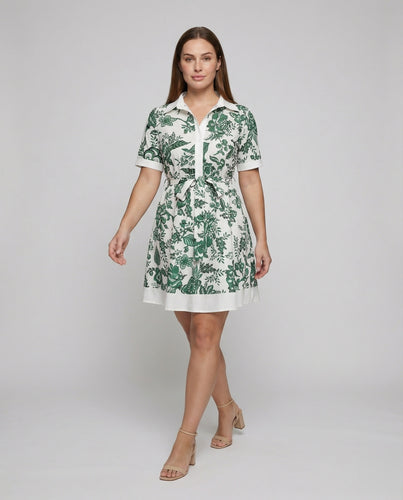 Damen nan kurzärmeliges Hemdkleid mit taillierendem Bindegürtel und ausgestelltem Tellerrock EB