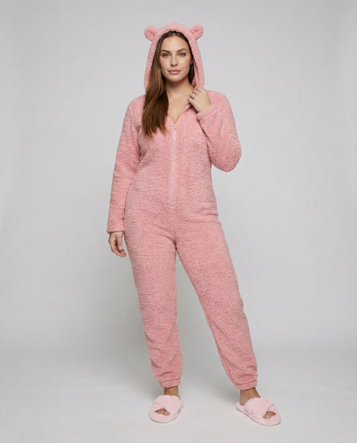 Damen nan kuscheliger Teddy-Overall mit Kapuze, verdecktem Reißverschluss, elastischen Bündchen und Ohrenapplikation EB