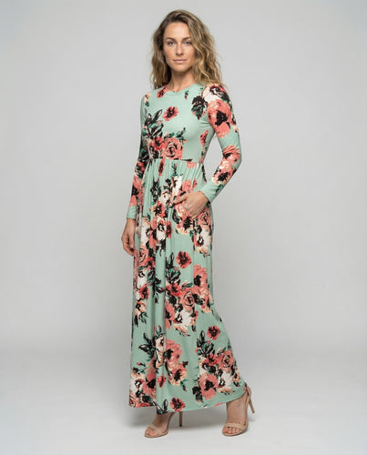 Damen nan langärmeliges floral bedrucktes Maxikleid mit Taillennaht, Eingrifftaschen und weich fallendem Faltenrock EB