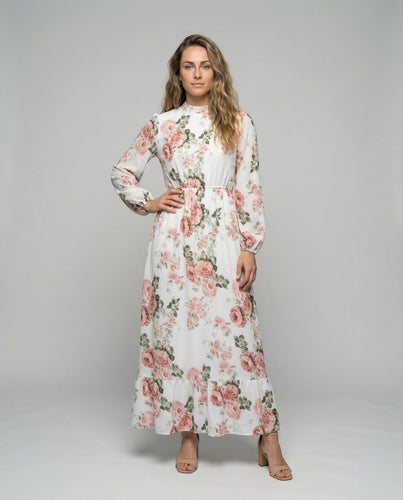 Damen nan langärmeliges Maxikleid mit floralem Print, elastischem Taillenbund und Volant-Saum EB
