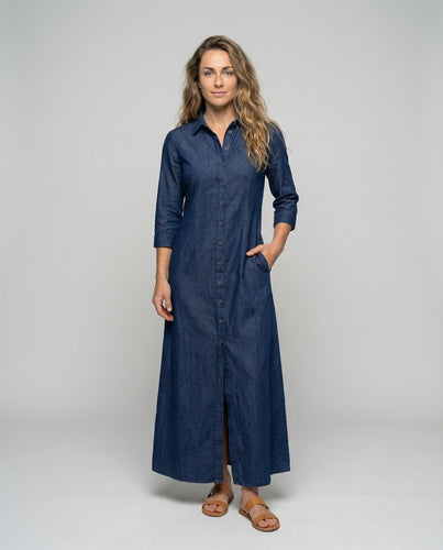 Damen nan langes Hemdblusenkleid in Denimoptik mit durchgehender Knopfleiste, Dreiviertelärmeln und Eingrifftaschen EB