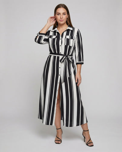 Damen nan langes Hemdblusenkleid mit vertikalem Streifenmuster, Taillengürtel und Frontschlitz EB
