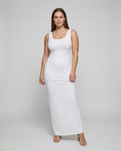 Damen nan langes Jersey-Schlauchkleid mit taillierter Passform tiefem Rundhalsausschnitt und breiten Trägern EB
