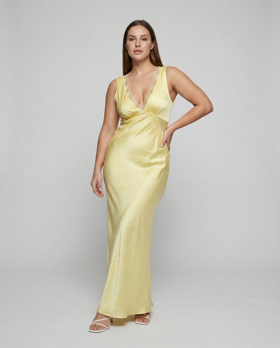 Damen nan langes Satin-Abendkleid im Schrägschnitt mit tiefem Spitzen‑V-Ausschnitt und taillierter Drapierung EB