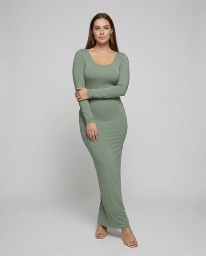 Damen nan langes Stretch-Basic-Maxi-Kleid mit Rundhalsausschnitt, taillierter Bodycon-Silhouette und langen Ärmeln EB