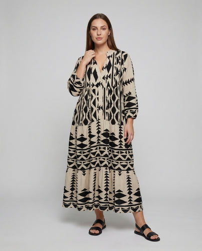Damen nan langes Tunikakleid mit grafischem Blockprint, V-Ausschnitt, verdeckter Knopfleiste und Ballonärmeln EB
