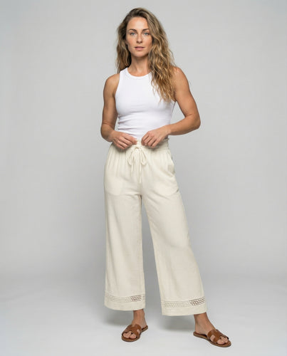 Damen nan lässige Culotte-Loungehose mit elastischem Tunnelzugbund, Eingrifftaschen und Häkelspitzenbesatz EB