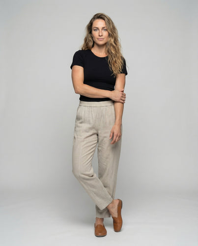 Damen nan lässige konisch zulaufende Hose mit hohem Elastikbund und Eingrifftaschen EB