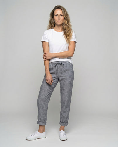 Damen nan lässige Leinenmix-Hose mit Tunnelzug, seitlichen Eingrifftaschen und umgeschlagenem Saum EB