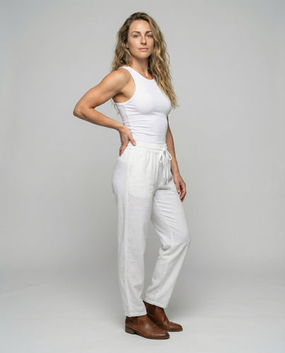 Damen nan leichte Freizeithose in Leinenoptik mit elastischem Kordelbund, geradem Bein und Eingrifftaschen EB