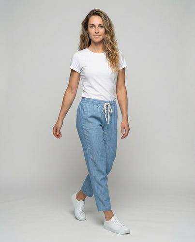 Damen nan leichte Leinenhose mit Tunnelzugbund, geradem Knöchelabschluss und seitlichen Eingrifftaschen EB