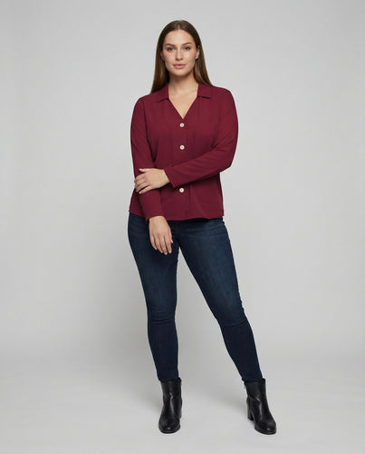 Damen nan leichte V-Ausschnitt-Hemdbluse mit offenem Kentkragen, dekorativer Holzknopfleiste und legerer Silhouette EB