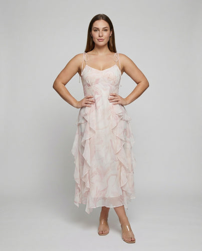 Damen nan leichtes Chiffon-Spaghettiträgerkleid mit taillierter Silhouette und ausgestelltem Tellerrock inkl. Chiffon-Überwurf EB