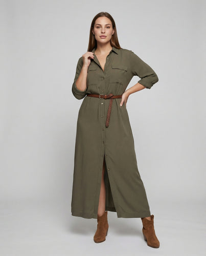Damen nan leichtes Hemdblusenkleid mit Taillengürtel, V-Ausschnitt und seitlichem Beinschlitz EB