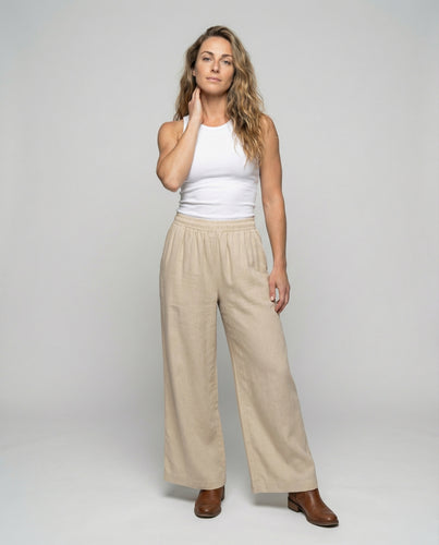 Damen nan lockere Strandhose in Leinenoptik mit elastischem Komfortbund und weitem Bein EB