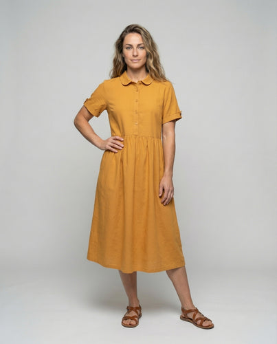 Damen nan lockeres Hemdblusenkleid mit geraffter Taillennaht, Krempelärmeln und durchgehender Knopfleiste EB