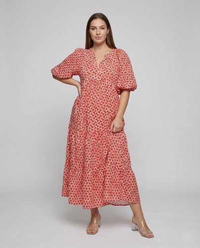 Damen nan lockeres Stufen-Maxi mit geometrischem Muster, dreiviertel-Ballonärmeln und Bindekragen EB