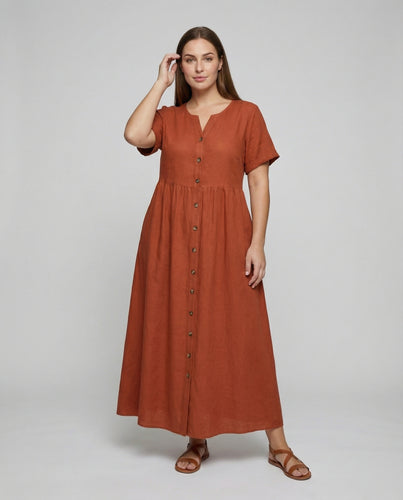 Damen nan luftig-geschnittenes Maxikleid mit durchgehender Holzknopfleiste, tailliertem Passeinsatz und überschnittenen Kurzärmeln EB