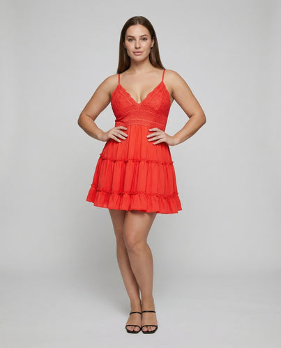Damen nan luftig-gestuftes Träger-Minikleid mit Spitzenbustier, tailliertem Raffungseinsatz und rückenfreiem Schleifenband EB