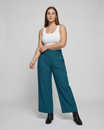Damen nan luftige Palazzo-Hose mit hohem Smokbund, seitlichen Eingrifftaschen und fließender Leinenoptik EB