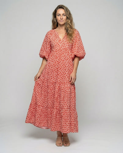 Damen nan luftiges Lagen-Maxikleid mit V-Ausschnitt, Empire-Taille und überschnittenen Puffärmeln EB