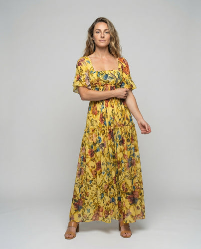 Damen nan luftiges Maxi-Sommerkleid mit Karree-Ausschnitt, elastischer Smock-Taille und stufigem Volantrock EB