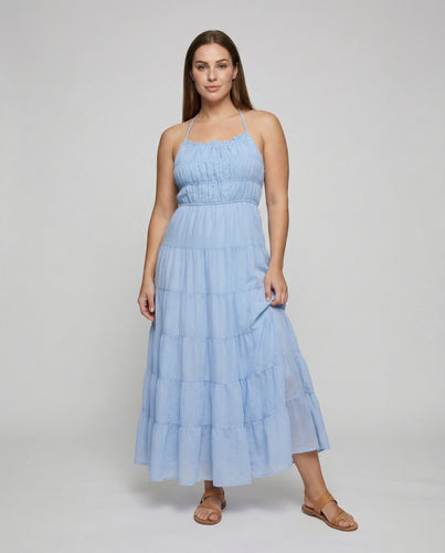 Damen nan luftiges Maxi-Stufenkleid mit gerafftem Bustier, Rüschensaum und verstellbaren Spaghettiträgern EB