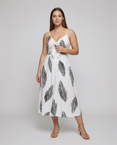 Damen nan luftiges Maxikleid mit Spaghettiträgern, Knotenfront, durchgehender Knopfleiste und auffälligem Federprint EB