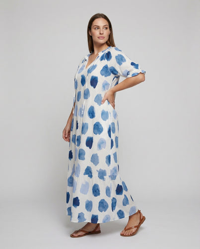 Damen nan luftiges Maxikleid mit V-Ausschnitt, dreiviertel-Ärmeln und fließender A‑Linien-Silhouette EB