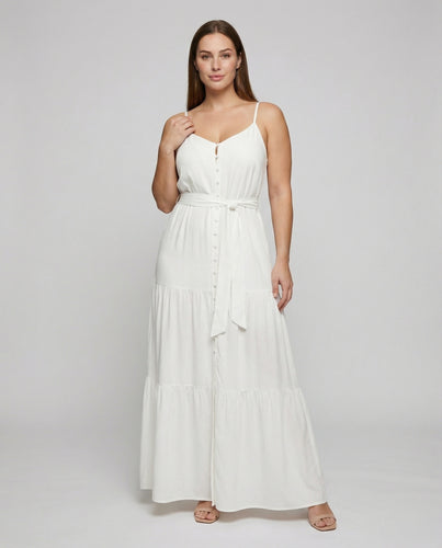 Damen nan luftiges Maxikleid mit V-Ausschnitt, stufigem Volantrock und Taillenband EB