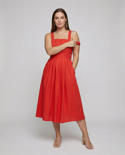Damen nan luftiges Midikleid mit quadratischem Ausschnitt, feinen Spaghettiträgern, tailliertem Oberteil und seitlichen Eingrifftaschen EB