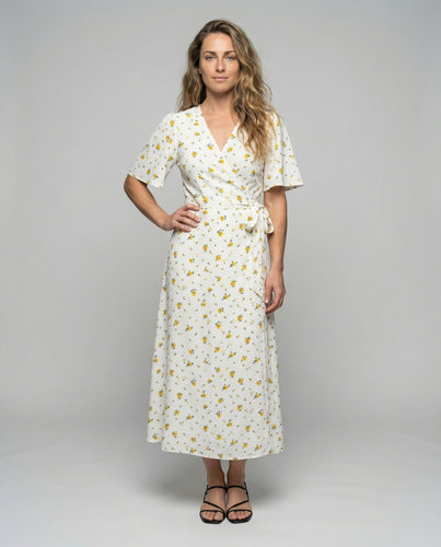 Damen nan luftiges Wickel-Midikleid mit gerafften Puffärmeln und Taillenband EB