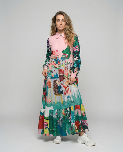 Damen nan Maxikleid im Hemdblusenstil mit großflächigem Tierprint, Hemdkragen und gestuftem Volantrock EB