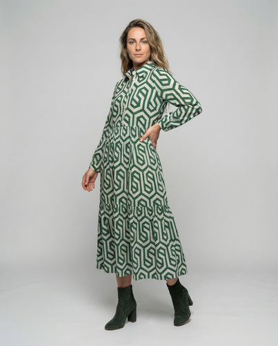 Damen nan Maxikleid im Hemdblusenstil mit Stehkragen, verdeckter Knopfleiste und stufigem Volantrock EB
