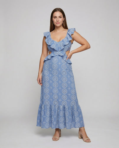 Damen nan Maxikleid mit taillenbetonten Seitenausschnitten, Rüschen-Trägern und Volant-Saum EB