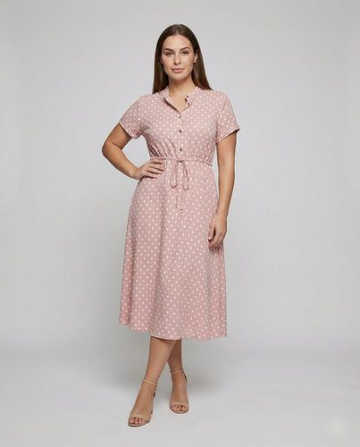 Damen nan Midikleid im Zweiteiler-Look mit Hemdblusenoberteil, kurzem Ärmel und Kordelzugbund EB