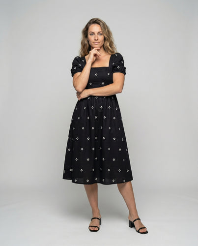 Damen nan Midikleid mit quadratischem Ausschnitt, Puffärmeln und taillierter A‑Linien‑Silhouette EB