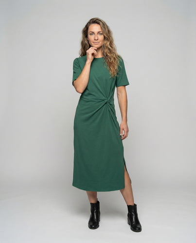 Damen nan Midikleid mit seitlicher Knotendrapierung, Rundhalsausschnitt und Beinschlitz EB