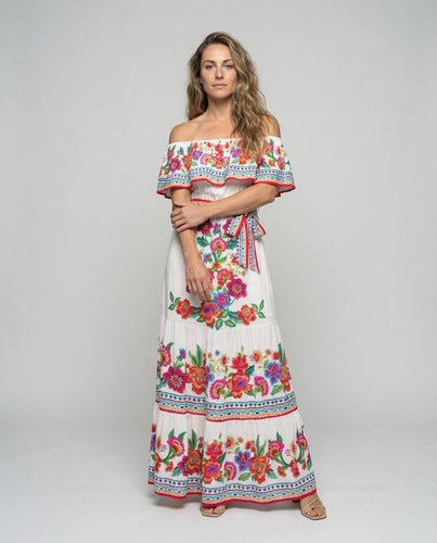 Damen nan Off-Shoulder Maxikleid mit Volantpass, folklorischem Blumenprint und Bindegürtel EB