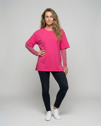 Damen nan oversized Kurzarm-Tunika mit Schleifenband am Rundhals und transparenten Netzärmeln EB