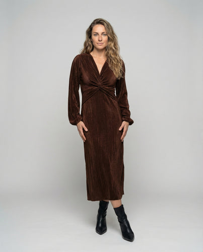 Damen nan plissiertes Midikleid mit V‑Ausschnitt, Knoten‑Taillenpartie und seitlichem Beinschlitz EB