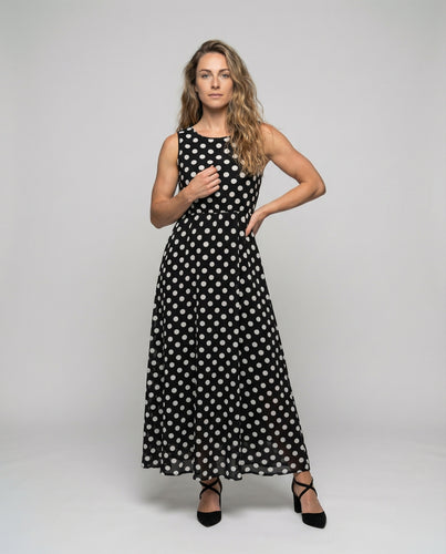 Damen nan Retro-Maxikleid mit Punkteprint, taillierter Bund und weitem Tellerrock EB