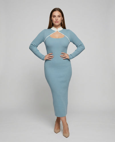 Damen nan schmal geschnittenes Rippstrickkleid mit asymmetrischem Ausschnitt, dekorativem Stehkragen und hohem Seitenschlitz EB