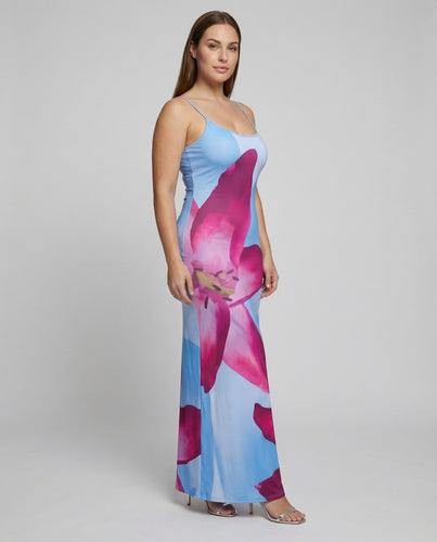 Damen nan schmal geschnittenes Slip-Maxikleid aus Stretchjersey mit Spaghettiträgern, großflächigem Orchideen-Digitalprint und seitlichem Beinschlitz EB