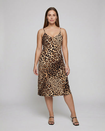 Damen nan schmal geschnittenes Slipkleid in Satinoptik mit Leopardenmuster, V-Ausschnitt und seitlichem Beinschlitz EB