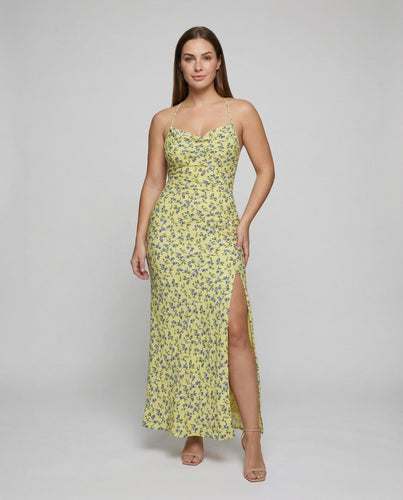 Damen nan schräg geschnittenes Maxikleid mit feinen Spaghettiträgern, taillierter Drapierung und hohem Seitenschlitz EB