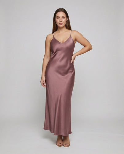 Damen nan schräg geschnittenes Satin-Maxikleid im Slip-Stil mit V-Ausschnitt und feinen Spaghettiträgern EB