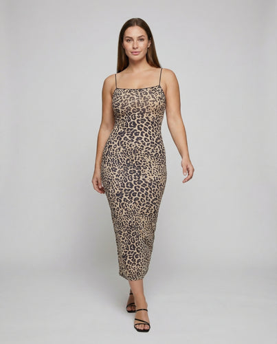 Damen nan schräg geschnittenes Slipkleid mit Spaghettiträgern und Leopardenmuster EB